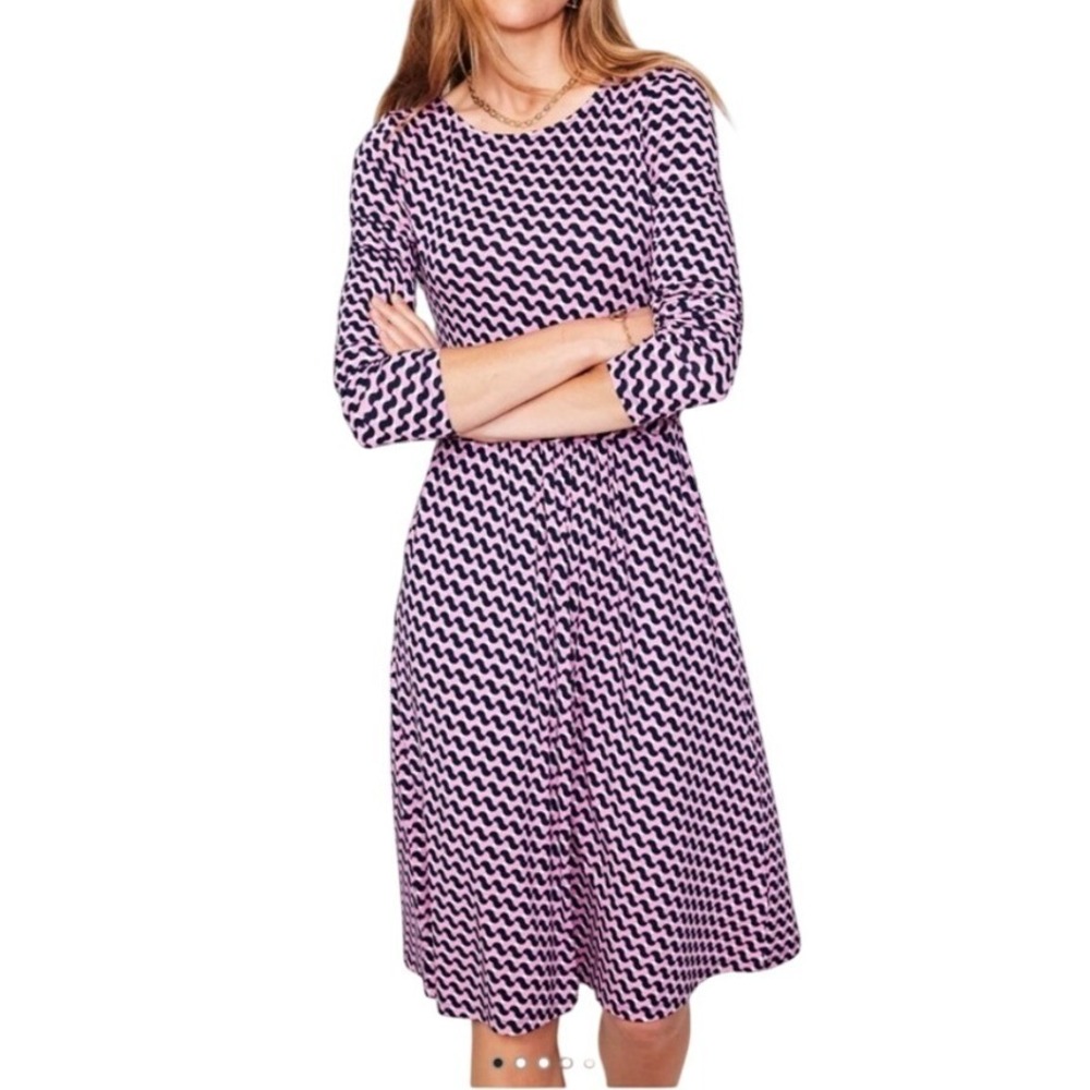 Boden Amelie Long Sleeve Jersey Midi Dress Womens 10L Geometric Wave Pink Navy
